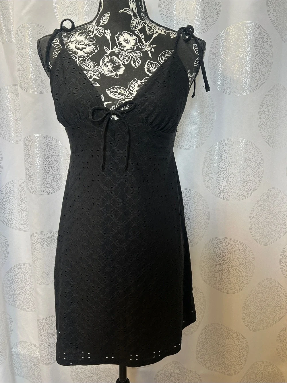 H&M Eyelet Mini Dress Black Ties Women  NWT Medium M